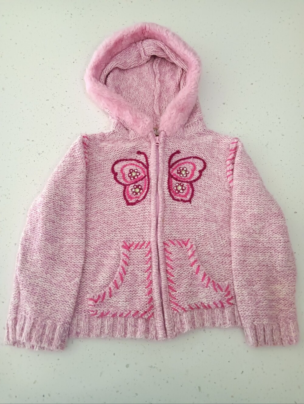 Girls' Pink Knit Winter Jacket with Butterfly Design Size 4T